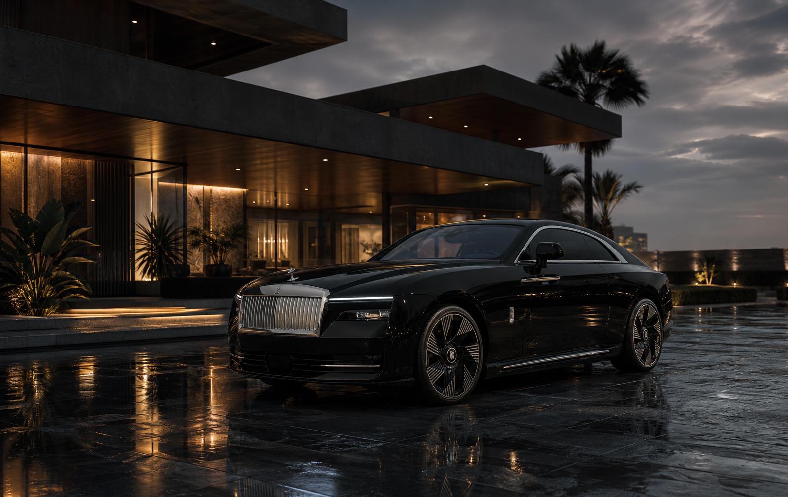 Luxury automobile in front of a modern villa at dusk